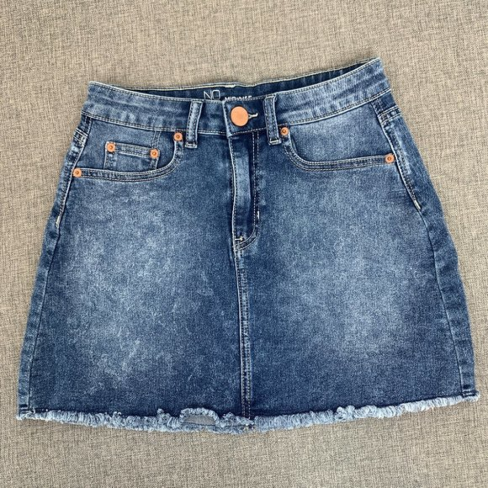 NOBO Mid Rise Denim Mini Skirt 5 Fringe Acid Wash 75% Cotton Polyester Spandex‎